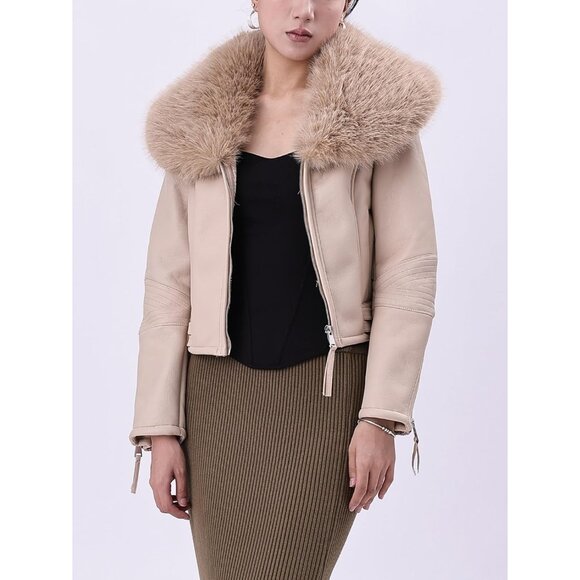 ⚡Women's Beige Faux Leather Jacket Moto Biker Lined Coat Removable Fur Collar - Picture 5 of 5